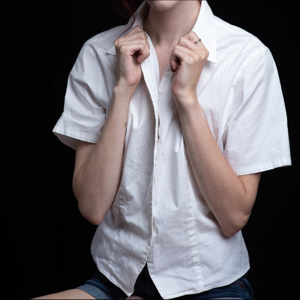 White button up, crop.